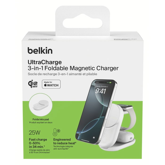 Belkin Base de charge Ultracharge Qi2 25W Magnétique Pliable Blanc
