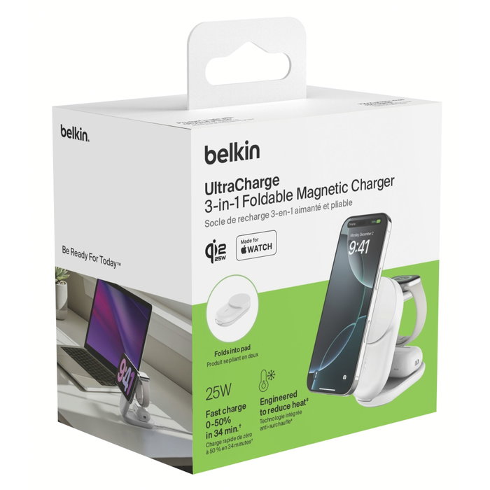 Belkin Base de charge Ultracharge Qi2 25W Magnétique Pliable Blanc