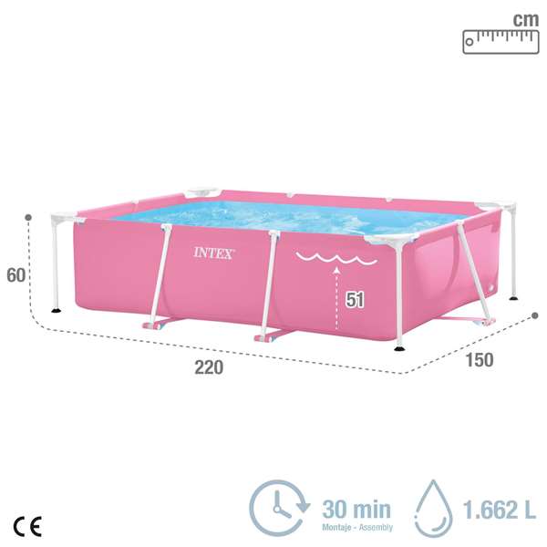 Intex Piscine démontable rectangulaire Small Frame Familiale Rose - 220x150x60 cm (Capacité 1662 litres, PVC+PET+PP+ACIER)