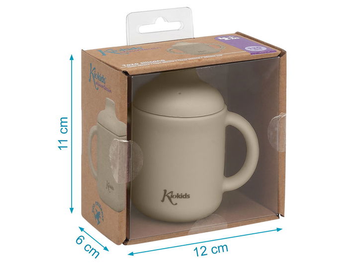 KioKids Tasse d'apprentissage en silicone 120 ml pour bébé +4 mois, bec verseur, poignées, micro-ondable, lave-vaisselle, incassable, sans BPA, couleur beige