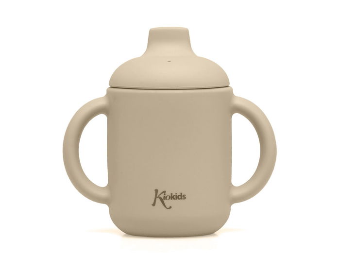 KioKids Tasse d'apprentissage en silicone 120 ml pour bébé +4 mois, bec verseur, poignées, micro-ondable, lave-vaisselle, incassable, sans BPA, couleur beige