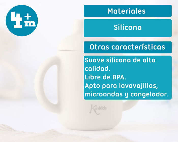 KioKids Tasse d'apprentissage en silicone 120 ml pour bébé +4 mois, bec verseur, poignées, micro-ondable, lave-vaisselle, incassable, sans BPA, couleur beige