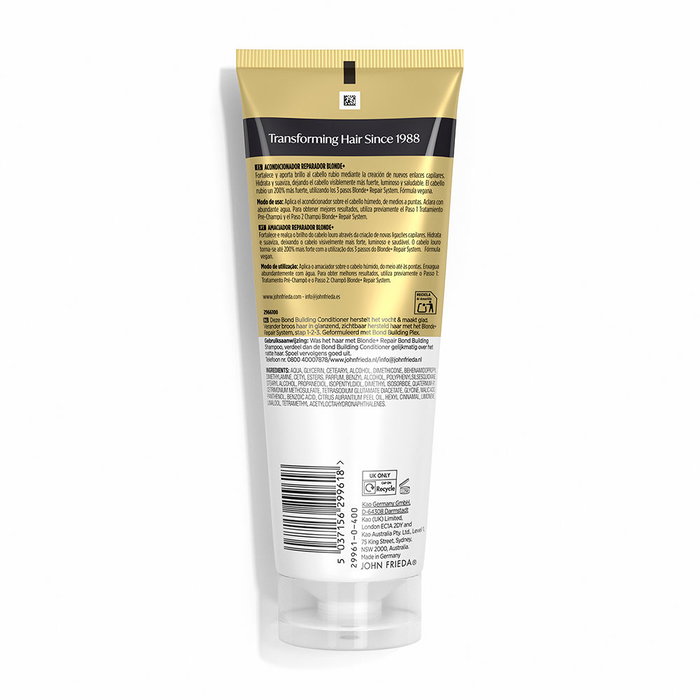 John Frieda BLONDE+ REPAIR SYSTEM Acondicionador Reparador 250 ml - Après-shampoing réparateur pour cheveux blonds, technologie Bond Building Plex