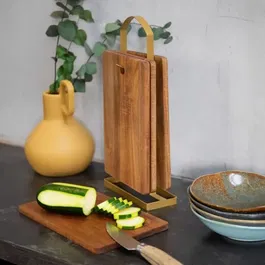 Livoo MES152 Set de 4 Planches à Découper en Bois Acacia FSC 22 x 14 cm avec Support Métallique