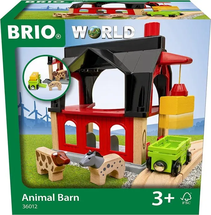 BRIO World - 36012 - Grange des animaux - Accessoire pour circuit de train en bois - Jouet garçons et filles dès 3 ans - 6 pièces avec animaux et wagon