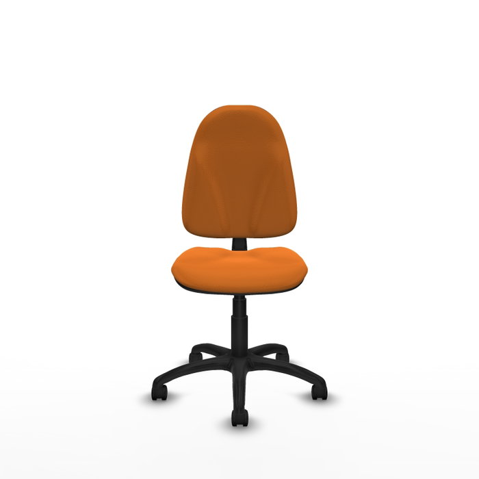 Chaise de bureau Algarra avec mécanisme de contact permanent de base, revêtue de similicuir orange. Équipée d'un piètement en polyamide noir, sans accoudoirs et de roulettes en nylon de 50 mm Chaise de bureau Algarra avec mécanisme de contact permanent de base, revêtue de similicuir orange. Équipée d'un piètement en polyamide noir, sans accoudoirs et de roulettes en nylon de 50 mm