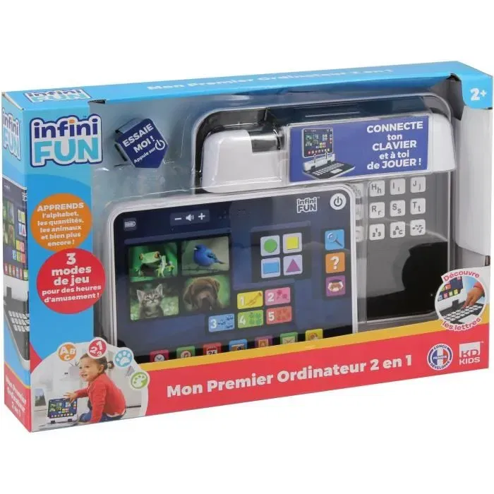 KD - Ordinateur Jouet Mon Premier Ordinateur 2 en 1 avec Tablette et Clavier - Apprentissage Évolutif des Couleurs, Formes, Lettres et Mots - 3 Modes de Jeu pour Enfant de 2 à 5 Ans