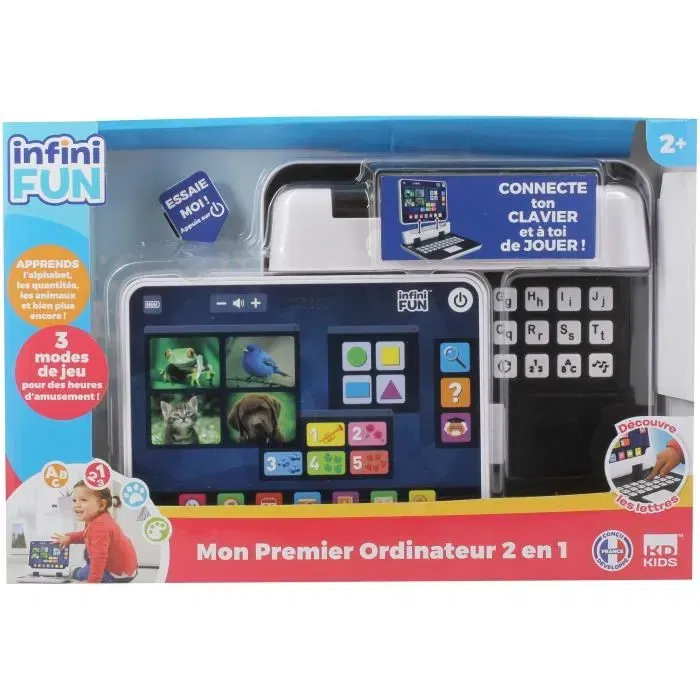 KD - Ordinateur Jouet Mon Premier Ordinateur 2 en 1 avec Tablette et Clavier - Apprentissage Évolutif des Couleurs, Formes, Lettres et Mots - 3 Modes de Jeu pour Enfant de 2 à 5 Ans