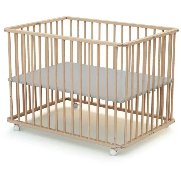 Webaby Parc CALI pliant rectangulaire en hêtre brut, 70 x 100 cm, fond ajustable 3 hauteurs avec roulettes, pour enfant jusqu'à 24 mois avec tapis lessivable