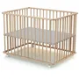 Webaby Parc CALI pliant rectangulaire en hêtre brut, 70 x 100 cm, fond ajustable 3 hauteurs avec roulettes, pour enfant jusqu'à 24 mois avec tapis lessivable