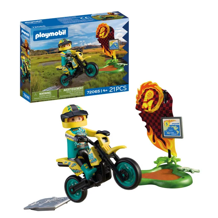 Playmobil 72065 - Véhicule de course Motocross avec pilote et accessoires, 21 pièces, jeu de construction dès 4 ans