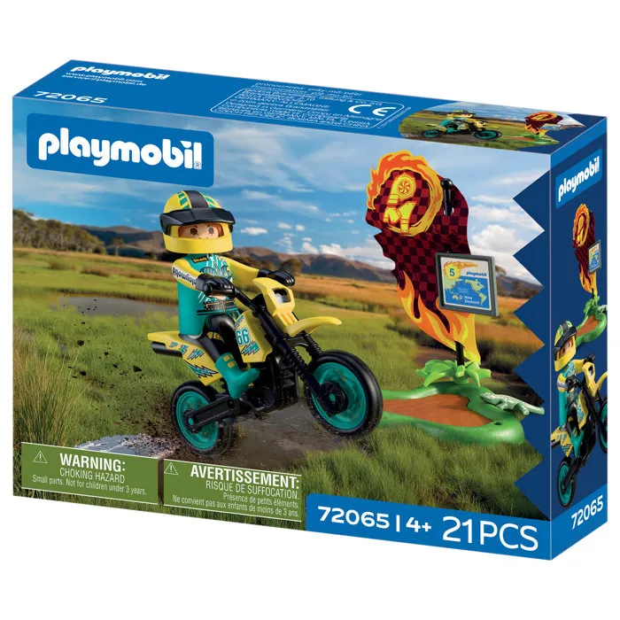 Playmobil 72065 - Véhicule de course Motocross avec pilote et accessoires, 21 pièces, jeu de construction dès 4 ans