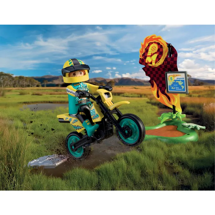 Playmobil 72065 - Véhicule de course Motocross avec pilote et accessoires, 21 pièces, jeu de construction dès 4 ans