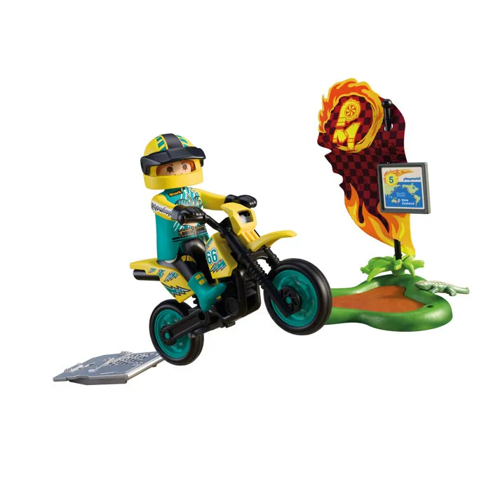 Playmobil 72065 - Véhicule de course Motocross avec pilote et accessoires, 21 pièces, jeu de construction dès 4 ans