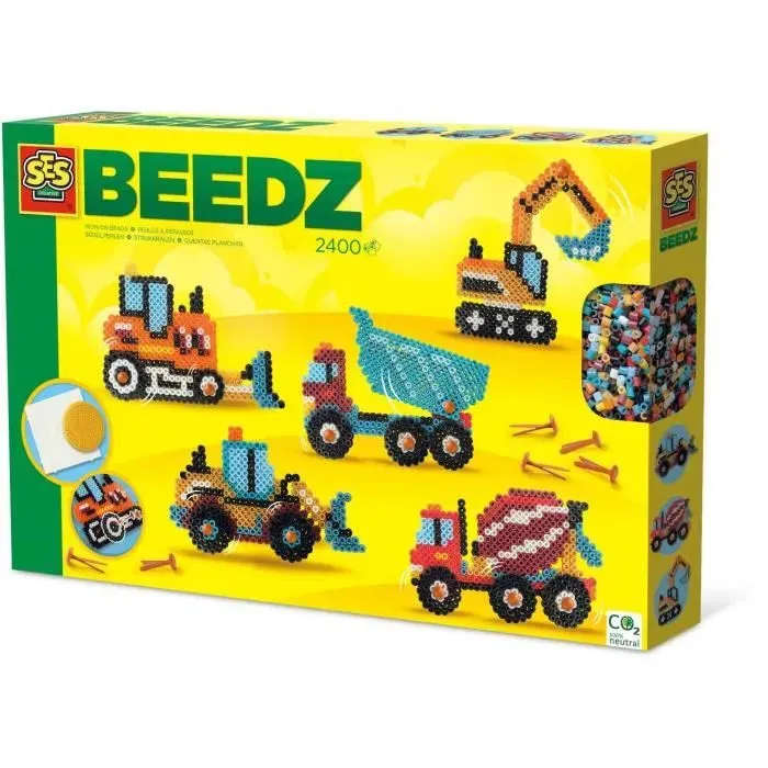 SES CREATIVE - Coffret de 2400 perles à repasser pour créer 5 types de véhicules de chantier : camion-benne, pelleteuse, bétonnière SES CREATIVE - Coffret de 2400 perles à repasser pour créer 5 types de véhicules de chantier : camion-benne, pelleteuse, bétonnière
