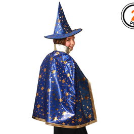 Set Capa et Sombrero Azul Con Estrellas pour Magicien Enfant - Ensemble de Cape et Chapeau Bleu à Étoiles pour Costume de Magicien