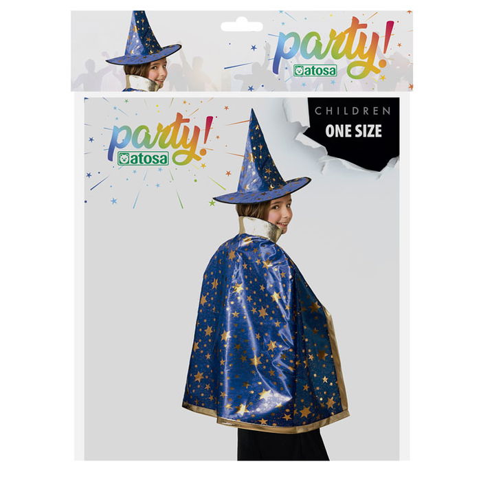 Set Capa et Sombrero Azul Con Estrellas pour Magicien Enfant - Ensemble de Cape et Chapeau Bleu à Étoiles pour Costume de Magicien