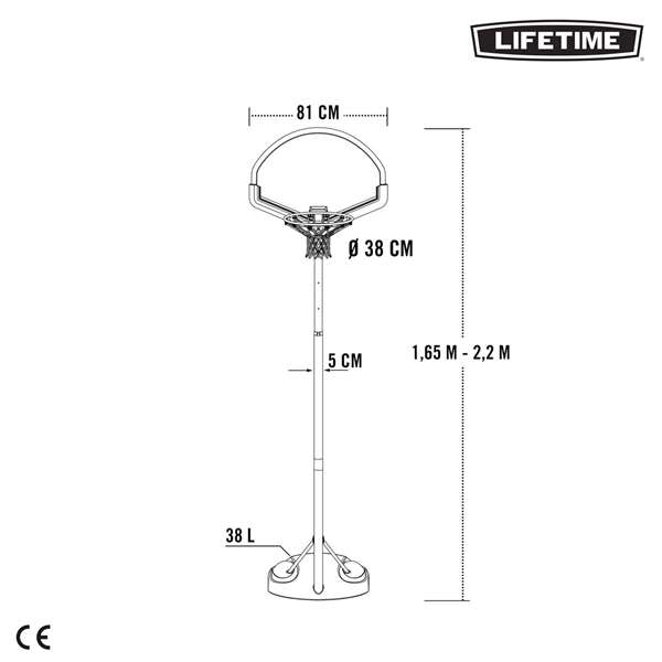 Lifetime Panier de basket portatif ajustable en polyéthylène avec planche, hauteur réglable 165-222 cm, pour enfants dès 3 ans