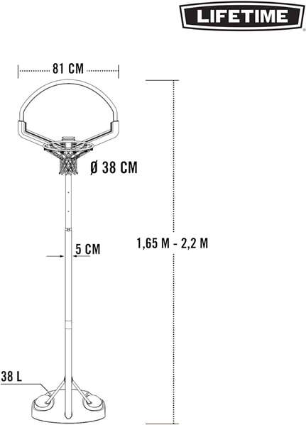 Lifetime Panier de basket portatif ajustable en polyéthylène avec planche, hauteur réglable 165-222 cm, pour enfants dès 3 ans
