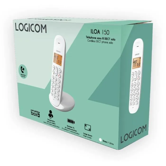 Logicom DECT ILOA 150 SOLO Téléphone Fixe Sans Fil DECT Blanc, Sans Répondeur
