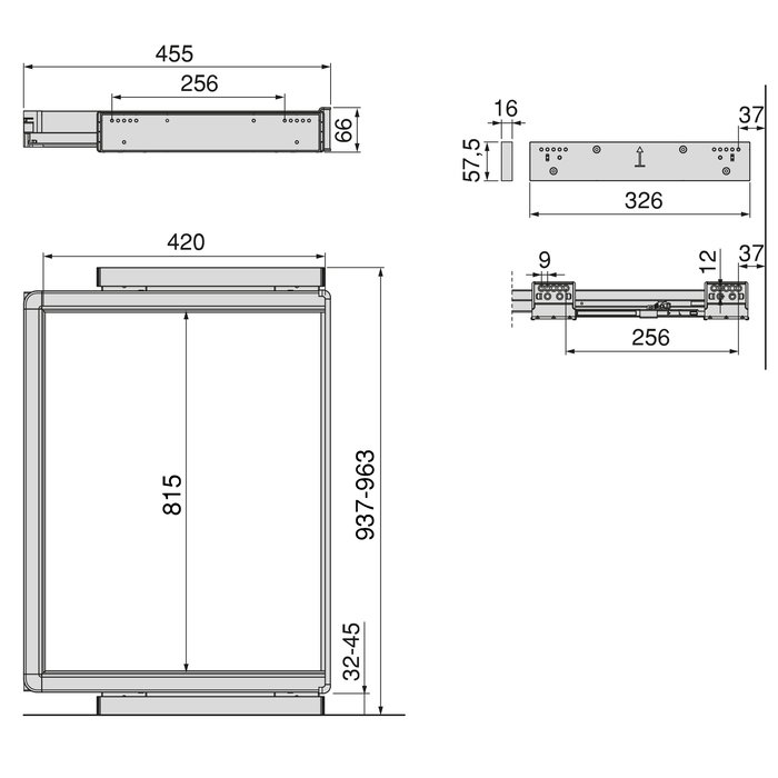 Emuca Rack avec glissières à extension totale et à fermeture douce pour accessoires d'armoire Quartz, 937-963mm, Aluminium et plastique, Titane