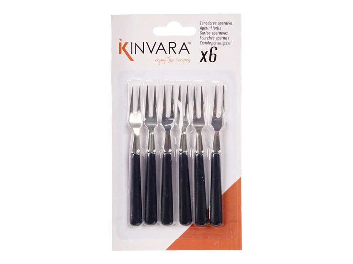 Kinvara Set de 6 Fourchettes Apéritif - 9.5 x 17 x 1 cm, Plastique et Acier, Noir et Métal (Set de 24)