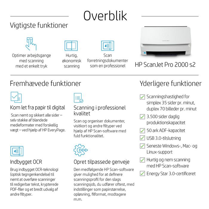 HP ScanJet Pro 2000 s2 - Scanner professionnel avec alimentateur automatique (ADF) recto-verso 50 pages, jusqu'à 35 ppm, 600 ppp, pour numérisation intensive