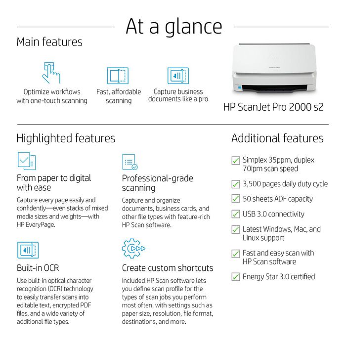 HP ScanJet Pro 2000 s2 - Scanner professionnel avec alimentateur automatique (ADF) recto-verso 50 pages, jusqu'à 35 ppm, 600 ppp, pour numérisation intensive