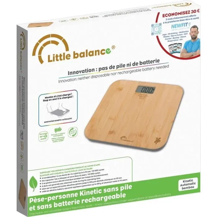 Little Balance - Kinétic - Pese-personne automatique rechargeable à énergie cinétique en verre trempé et bambou - Précision 50 g - Capacité 150 kg