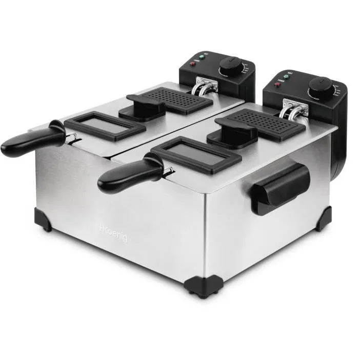 HKoenig Friteuse double bac DFX600 - 2 x 3L - 3600W - Thermostats indépendants - Paniers amovibles - Acier inoxydable - Friteuse professionnelle