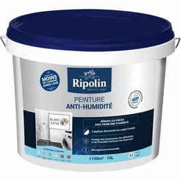 RIPOLIN 424185 Peinture murale anti-humidité et moisissures, blanc satiné, lessivable, microporeuse, technologie DIP étanche, 10 L
