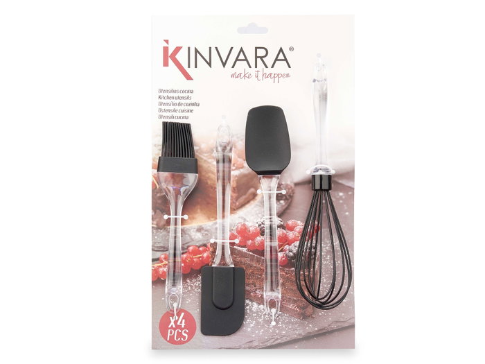 Kinvara Set de 4 ustensiles de cuisine en silicone 20x29x5 cm noir et transparent (Set de 6)