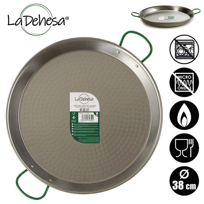 La Dehesa Paellera Acier Poli 38 cm (Base 33 cm) pour 8 Rations, Adaptée Gaz et Bois (Set de 6)