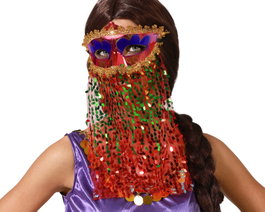 Masque arabe rouge avec paillettes et voile décoratif