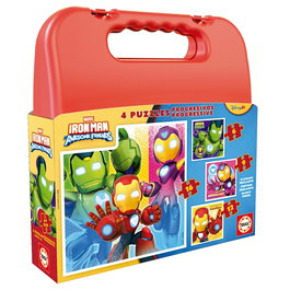EDUCA - Mallette 4 Puzzles Progressifs en Carton 6-9-12-16 Pièces Marvel Iron Man et ses Amis - +3 Ans