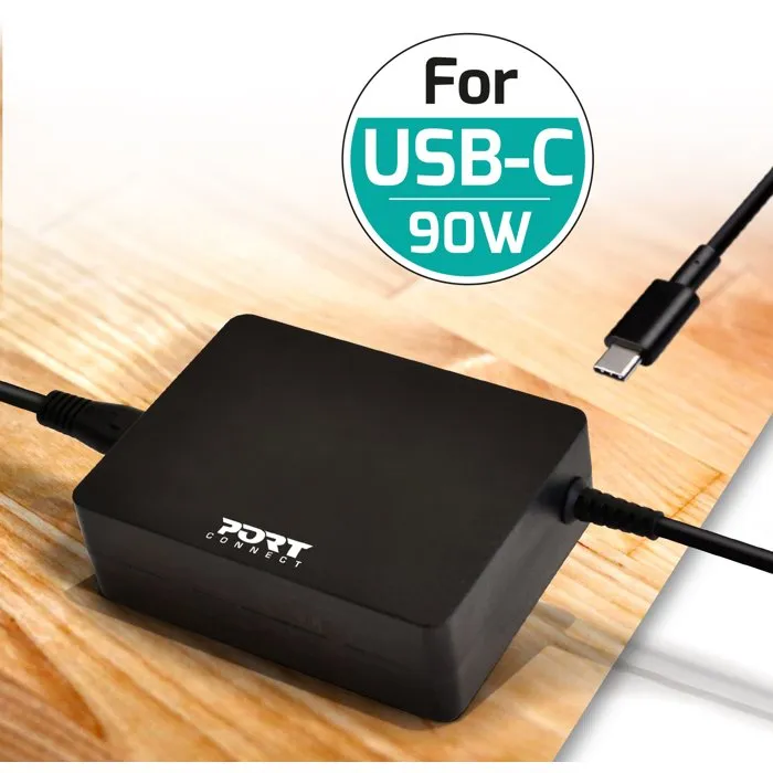 Port Designs Alimentation Secteur 90W USB-C PD pour MacBook, Notebook, Tablette et Smartphone - Chargeur USB Type-C