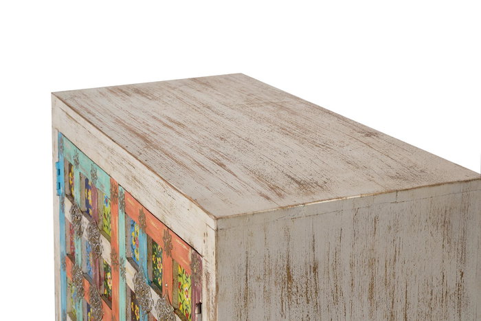 GINER Y COLOMER Buffet 2 portes avec détails en céramique - Meuble en bois de manguier et fer blanc vieilli - Blanc et multicolore