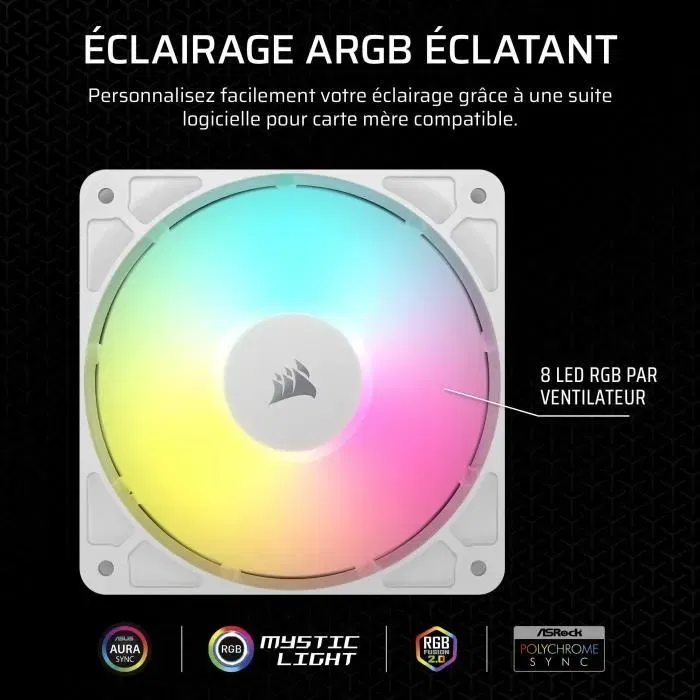 Corsair RS120 Ventilateur PC Blanc 120mm ARGB avec Refroidissement Performant et Éclairage RGB Adressable