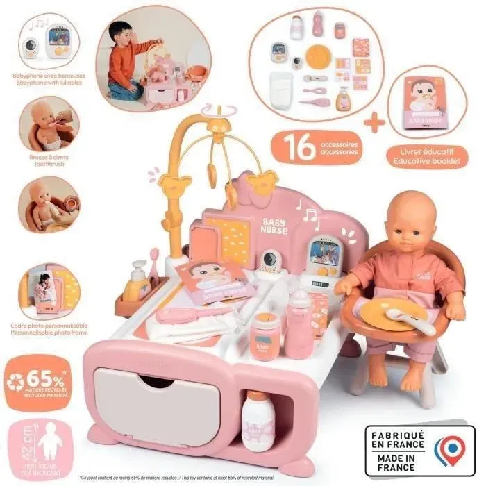 Smoby - Nurserie Cocoon Baby Nurse pour poupées avec nombreux accessoires (caméra, babyphone, thermomètre) - Jeu d'imitation dès 3 ans - Matière recyclée