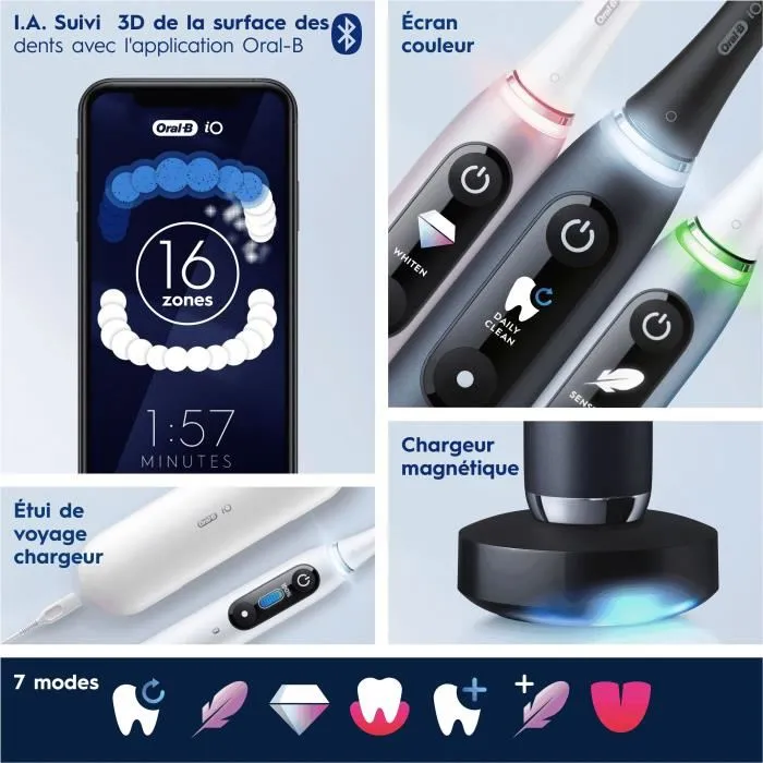 Oral-B iO 9 Brosse à Dents Électrique Noire - 1 Brossette, Étui de Voyage Chargeur, Pochette Magnétique - Technologie iO Magnétique - Brossage Professionnel