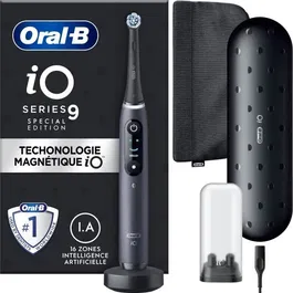 Oral-B iO 9 Brosse à Dents Électrique Noire - 1 Brossette, Étui de Voyage Chargeur, Pochette Magnétique - Technologie iO Magnétique - Brossage Professionnel