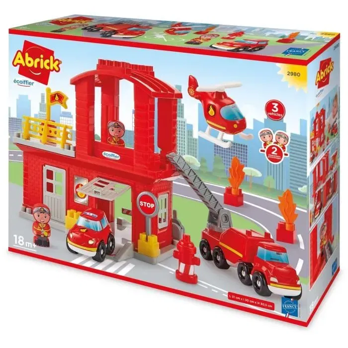 Ecoiffier Caserne de pompiers Abrick 2980 avec véhicules et hélicoptère - Jouet éducatif made in France