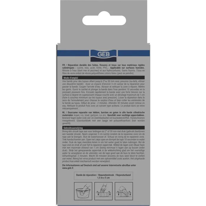 Geb Bande de réparation en fibre de verre, 1.5 m, pour réparer fuites et fissures sur cuivre, inox, acier, fonte, PVC, béton, bois