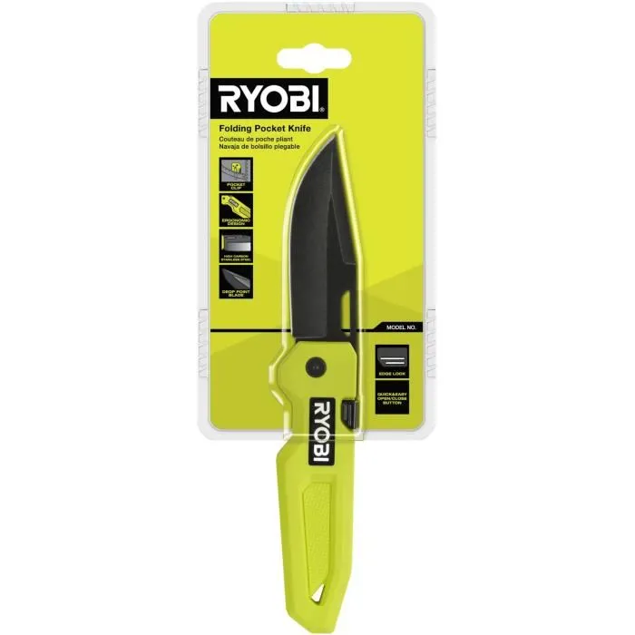 Ryobi Couteau de Poche Polyvalent RHCKF-3 - Lame Tranchante, Construction Robuste et Design Compact pour Utilisation Quotidienne