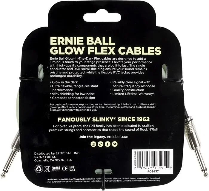 Ernie Ball Câble Instrument Flex Jack-Jack 6 m - Phosphorescent