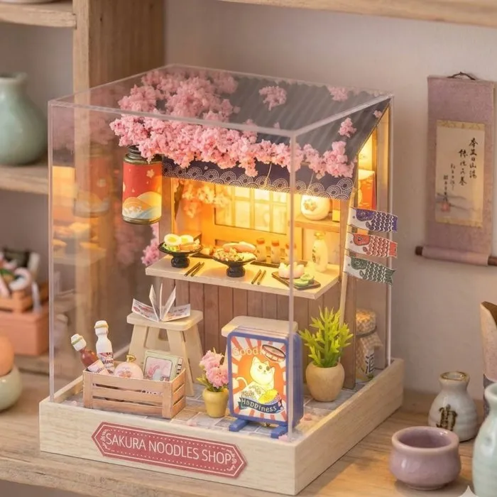 Creanook - Kit DIY à Construire Book Nook - Maquette 3D Serre à Livres Sakura Noodles - Scène de Restaurant Chinois - 11 x 9 x 11 cm