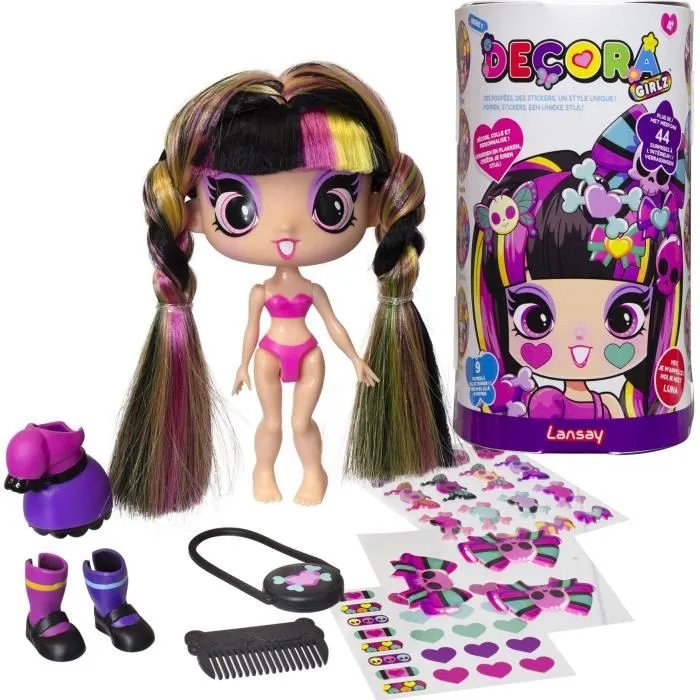Lansay Decora Girlz - Poupée Luna à personnaliser - 12,7 cm - Modèle 55103 - Jeu de poupées fashion avec stickers et accessoires - 8 personnages à collectionner