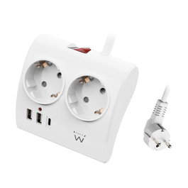 Ewent EW3870 Multiprise Schuko 2 Prises + 2 USB-A + 1 USB-C 20W PD QC 3.0 Interrupteur Blanc