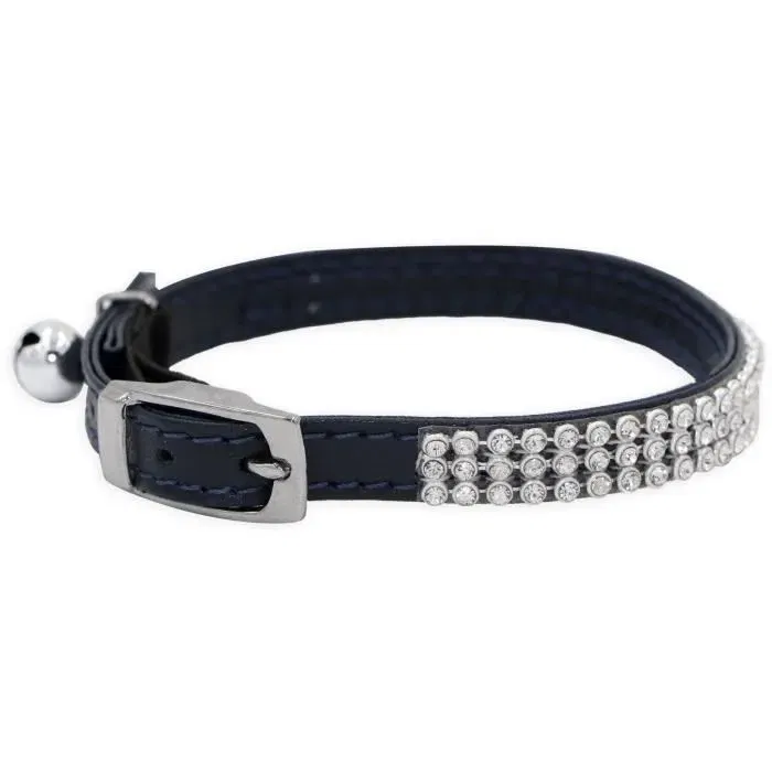 Aime - Collier pour chat ajustable 18-28 cm en nylon noir avec strass et grelot en argent, boucle anti-étranglement
