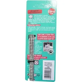 Aime - Collier pour chat ajustable 18-28 cm en nylon noir avec strass et grelot en argent, boucle anti-étranglement